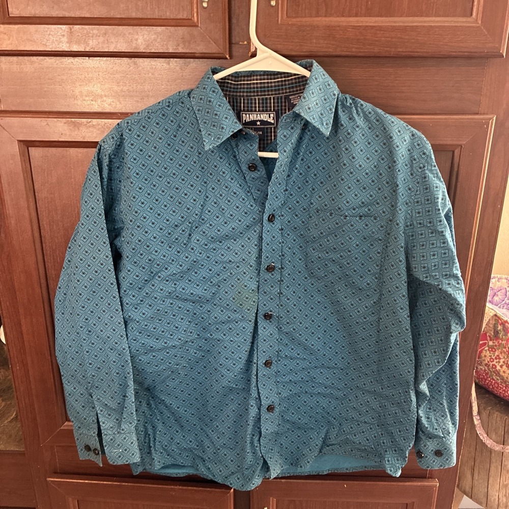 Youth Large (14) Panhandle Button Long Sleeve Western Blue Floral Design Shirt